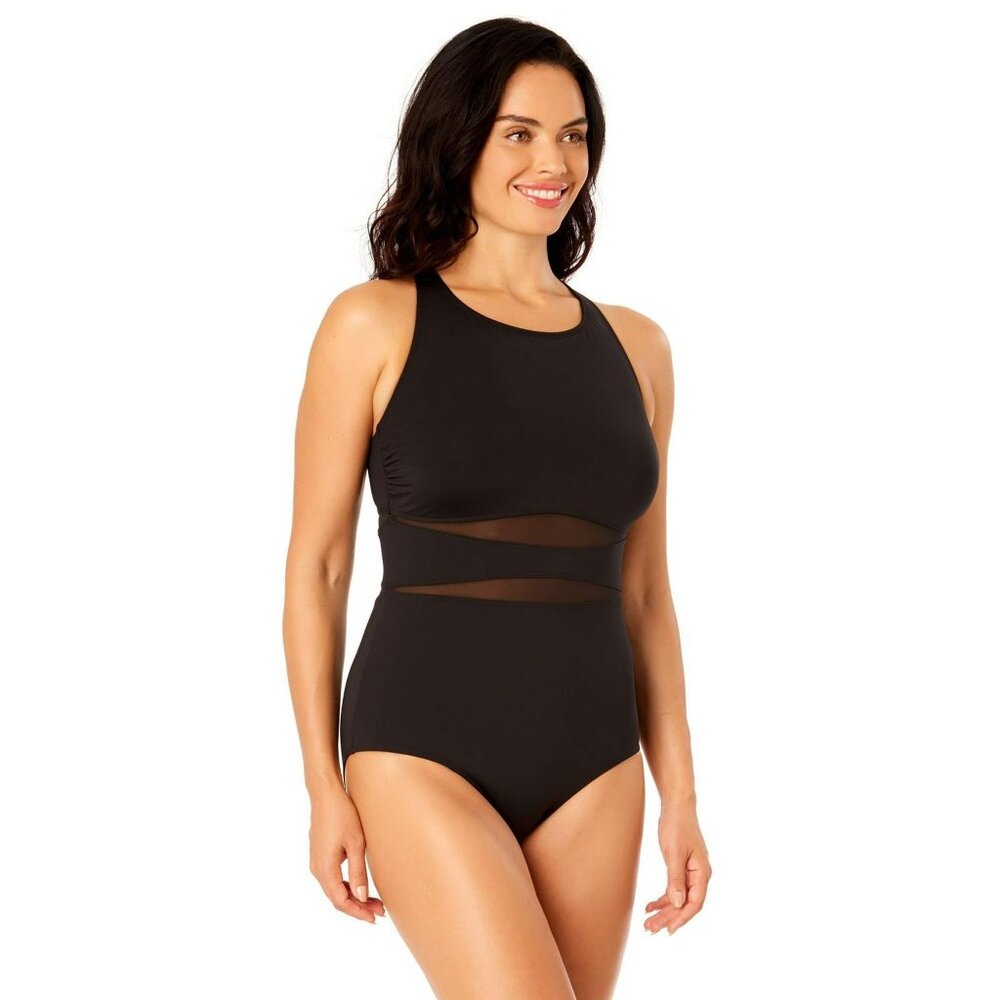 Lands' End XXL Swimwear Mesh Swim One Piece Bathing Suit High Neck UPF 50 Black